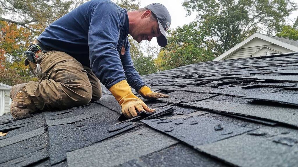 A masked worker repairing a residential roof while maintaining physical distance from homeowners.